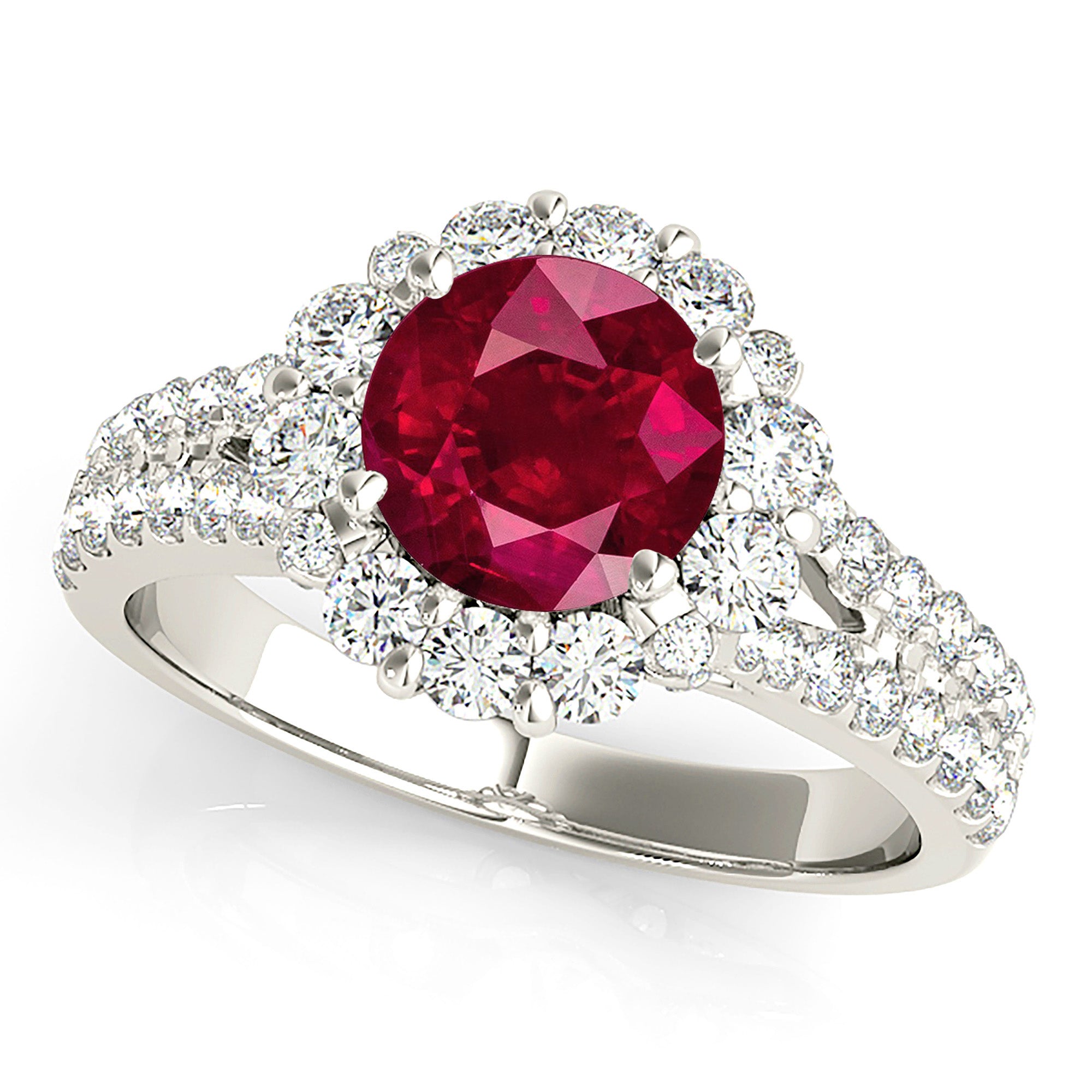 1.79 ct. Genuine Ruby Ring With 0.90 ctw. Diamond Floral Halo And Small V Split Shank-VIRABYANI